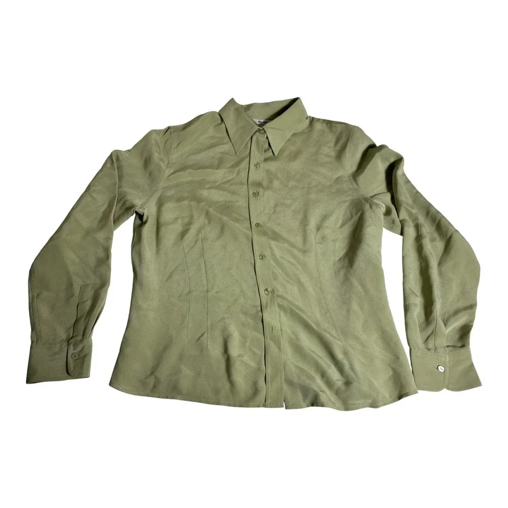 Talbots Pure Silk Shirt Womens 16 Green Long Sleeve‎ Classic Collared Button Up